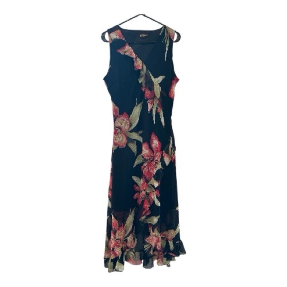 Vintage Y2K BamBu Black Maxi Slip Dress w/ Pink Floral Print w/Rhinestones Sz M
